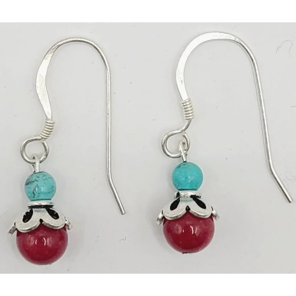 Vtg Southwestern Sterling Silver Turquoise & Coral Earrings 925 Hook Earrings - Picture 2 of 7